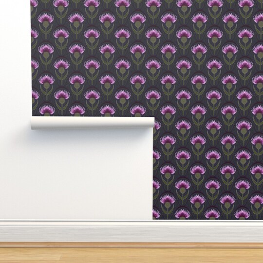 Art Nouveau Medium Scale Botanicals Thistle Dark Blue Purple Custom Removable Wallpaper by Spoonflower Peel & Stick Wallpaper 2FT Wide